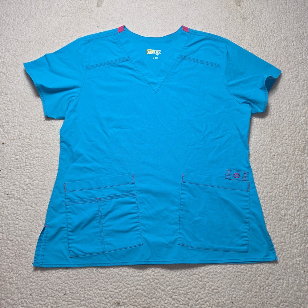 WonderWink WonderFlex Scrub Set Blue Pink Accents V-Neck Top Cargo Pants Large